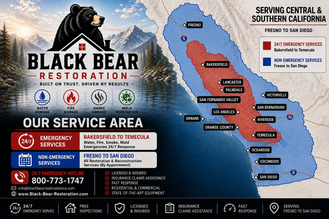 Black Bear Restoration Service Area Map - Serving Central & Southern California from Fresno to San Diego